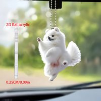Cute White Pomeranian Dog Running Dancing 2D Acrylic Pendant Car Rearview Mirror Backpack Keychain Pet Accessory Dog Lover Gifts