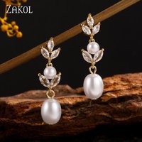 ZAKOL Water Drop Zircon Leaves Design Imitation Pearl Bridal Wedding Dangle Earrings For Women Fashion Exquisite Charm Jewelry