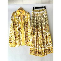 Retro-printed single-breasted long-sleeved shirt jacket Spring women's new two-piece suit+high waist A-shaped skirt elegant suit