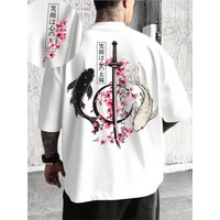 Summer Japan Koi Sakura Katana Prints Cotton T-Shirts Mens Short Sleeve T Shirts Oversized O-Neck Soft Tops Casual Male Clothes