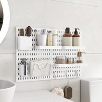Modular Pegboard Organizer for Bathroom Wall No Drilling Storage System with Shelves Hooks for Toiletries Cleaning Supplies
