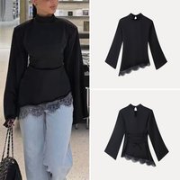 Fashionable Lace High Collar Slim Fit Shoulder Pad Hem Trim Belted Top Women's Spring 2026 ZADATA European Style Long Sleeve ...