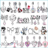 Original Charms 925 Silver Plated Pink Zircon Love Family Paw Print Cat Bow Bead Pendant Fit DIY Bracelet Fashion Jewelry Making