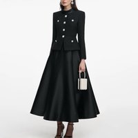 Black Slim Fit Top with Long Sleeve Velvet Fabric Diamond Button High Waist A-Line Skirt Two-Piece Set for Women