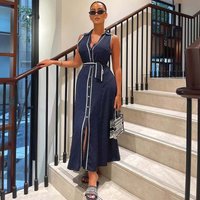 YENKYE Vintage Polka Dot Sleeveless Long Shirt Dress Women Lapel Collar With Belt A-line Elegant Dresses Office Maxi Vestidos