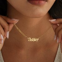 Personalized Old English Name Necklace with Figaro Chain Stainless Steel Customized Gothic Name Necklace Gold Custom Necklace