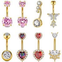14G Double Heart Serived Belly Button Ring Red Purple Color Crystal CZs Curved Navel Piercing Belly Ring for Women Girls Jewelry