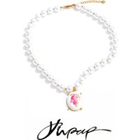 Yhpup Simulated Pearls Round Beads Chain Resin Flower Drop Necklace Stainless Steel Elegant Chic Handmade Jewelry