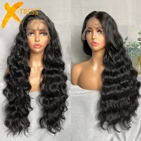 X-TRESS Synthetic Lace Front Hair Wigs for Women 32inch Long Loose Wave Black Color 13X6 Lace Frontal Wig with Natural Baby Hair