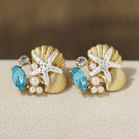 Design Sense Metal Starfish Shell Stud Earrings for Women Elegant Blue Rhinestone Imitation Pearl Earrings Sweet Y2k Jewelry