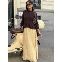 HH Women Fashion Solid Pleated Midi Skirt High Waist Loose Casual Elastic Waist Skirts Summer Female Chic Yellow Tulle Skirt