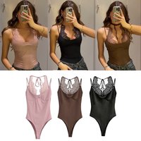 Women's Bodysuit 2026 New Fashion Spring Summer Brown Spliced Lace Bodysuit for Women Chic Personality Spaghetti Strap Bodysuit