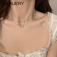 ANENJERY Double Layer Chain Four Leaf Flower Necklace for Women Delicate Design Clavicle Chain Jewelry Wholesale
