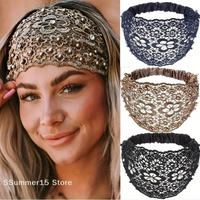【R】Elegant Women Hollow Headband Flower Pattern Shiny Rhinestones Faux Pearls Hair Band High Elastic Wide Hair Hijabs Holder
