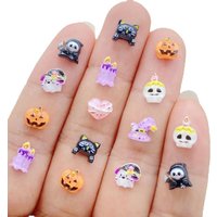 50pcs Resin Cute Mini Cartoon Halloween Black Cat, Ghost, Skull Candle Nail Art Flatback Rhinestone DIY Scrapbook Decor Crafts