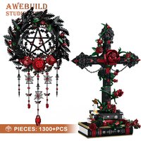 Creative Gothic Home Decor Building Blocks Set Rose Cross MOC Bricks 3D Model DIY Dark Flower Art Decoration Adult Birthday Gift