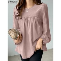 ZANZEA Elegant Solid Blouse Women Long Sleeve O Neck OL Work Shirt Spring Autumn Fashion Tunic Tops Blusas Female Loose Chemise