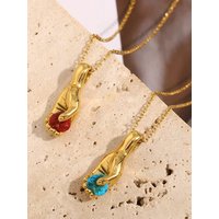 E.B.belle New Creative Green/Red Color Gemstone in Hand Pendant Necklace PVD Plated Stainless Steel Fashion Women Jewelry