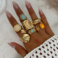7Pcs Set Lava Liquid Metal Asymmetrical Flow Hammered Texture Vintage Bohemian Style Rings Suitable for Parties Gifts Daily Wear