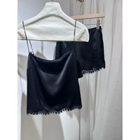 2026 Summer Women 100% Silk Black Set Lace Embroidery Patchwork Elastic Waist Shorts + Sleeveless Square Collar Sling Tops Suit