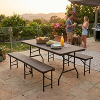 1,8 m Klappbarer Picknicktisch mit 2 Bänken, 3-teiliges Campingtisch-Set, braune Holzmaserung, HDPE-Oberfläche, wasserdicht, UV-beständig, mit Sicherheitsverriegelung für Terrasse und Garten