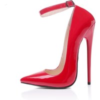 FHANCHU 16cm Spring Sexy High Heels Women Pumps,Shallow Shoes,Patent Leather,Ankle Buckle Strap,Pointed Toe,Red,Black,Dropship