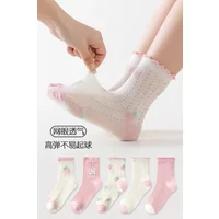 5 Pairs Children's Socks Spring Summer Thin Mesh Baby Girl Student Sports Cotton Socks Cute Sweet Pink Mid-Calf