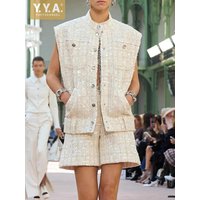 New Style Fashion Spring Summer Women Sequin Tweed Sets Classy Sleeveless Two Piece Vest Set Stylish Above Knee Length Outfits