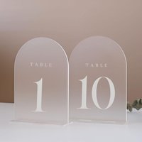 Arch Acrylic Table Numbers with Stands 5x7 Inch Clear Wedding Table Signs with Numbers with White Printed Script