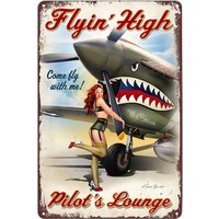 Vintage Metal Tin Sign Pin Up Girl Flying High Pilots Lounge Military Poster Wall Art Plaque Decor for Home Bar Pub Cafe Club