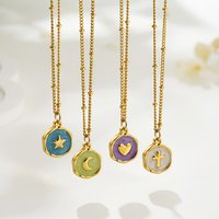 Vintage Enamel Color Moon Star Cross Necklace for Women Statement Gold Plated Round Coin Pendant Clavicle Chain Necklaces Collar