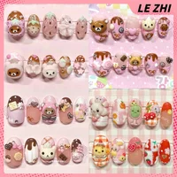 Sweet Lovely Rilakkuma Almond Handmande Detachable Nail Party Sticker 3D Kawaii Cartoon Strawberry Diamond Bow False Nails