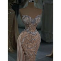 Champagne Crystals Prom Dress with Side Train Satin Women's Formal Evening Gowns Mermaid Beaded Wedding Guest Party Dresses 2026
