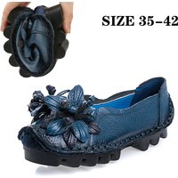 Vintage Real Leather Ballet Flats Shoes Women's Loafers Anti Skid Blue Moccasins Ladies Waterproof Driving Shoes Big Size 42