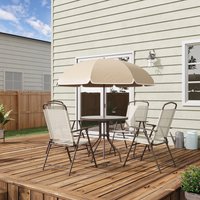 PINGGO Garden Patio Texteline Folding Chairs Plus Table and Parasol Furniture Bistro Set 6 Pieces - Coffee/Cream