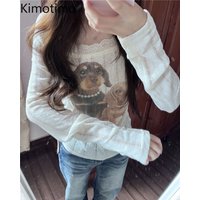 Kimotimo Cute Dog Printed Slash Neck Long Sleeved T-shirt Women Autumn Sweet Spliced Lace Folds Waist Slim Fit Crop Top Y2k Tees