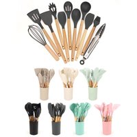 12 Stück Silikon-Küchenutensilien, Spatel, Schaufel, Suppenlöffel, Kochwerkzeug mit Aufbewahrungseimer, antihaftbeschichteter Holzgriff, Küchenhelfer