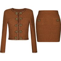 High Quality Autumn New Fashion Elastic Knitted Round Neck Big Button Long Sleeved Cardigan Slim Fit Short Skirt Women's Set