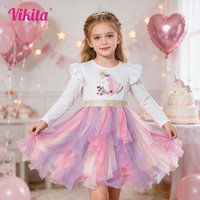 VIKITA Girl Autumn Dress Children Princess Costumes Birthday Party Unicorn Print Tulle Dresses Kids Irregular Dress 3 to 8 Yrs