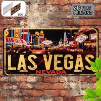 Las Vegas Nevada "Neon Strip Night Scene" 2D Flat Aluminum Metal Tin Sign for Retro Travel Souvenir Wall Decor, Bar, Garage, Man
