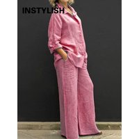 Chemise à revers en lin pour femmes, ensemble deux pièces, Vintage, couleur unie, manches longues, chemisier à boutons et pantalon droit ample, costumes décontractés, automne
