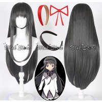 Anime Madoka Magica Akemi Homura Cosplay Wig 100CM Black Long Hair Headband Bowknot Headwear Women Halloween Party Roleplay Prop