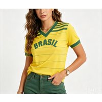 Women Quick Dry Breathable Short Sleeve Brazil Style Team Retro Football Jersey Thin Stripe V‑Neck Loose Sports T‑Shirt Y2K
