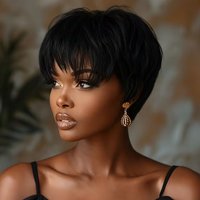Short Straight 100% Human Hair Wig Pixie Cut with Bangs Remy Hair Machine Made Full Wig for Black Women Daily Wear