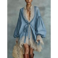 Elegant Blue Lace Trim Mini Dress Women V Neck Lace-up Waist Lantern Sleeve Oversized Boho Loose Vintage Casual Vacation Dresses