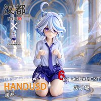 Figurka PVC Genshin Impact Furina 15cm, siedząca, z kocimi uszami, niebiesko-białe włosy, jasnoniebieska koszula, fioletowa spódnica, wysokiej jakości zabawka anime.