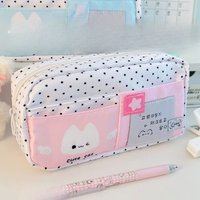Mint Blue Pink Polka Dot Kitten Multi-layer Pain Bag Pencil Case Ins High-value Large-capacity Niche All-match Stationery Bag