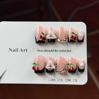 10pcs high-end Black and pink color contrast, hand-painted three-dimensional carvings, cherries, and sparkling pile diamonds
