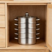 5 Tier Stainless Steel Steamer Pot Stackable 4 Steam Grids 1 Soup Pot Tri-Ply Composite Base 9.44in Glass Visible Lid Anti-Scald Handle Multi Stove Compatible Healthy Seafood Vegetable Cooking