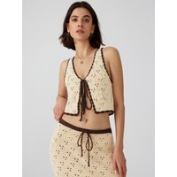 Women's Cream And Brown Crochet Knit Two-Piece Set with Tie Front Crop Top And Midi Skirt